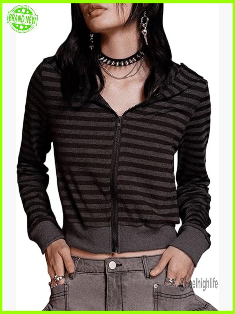 Punk Striped Zip Up Cropped Hoodie Sweatshirt Y2K Top